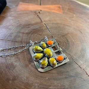 Sterling Silver Yellow Jasper & Orange Stone Pendant Necklace